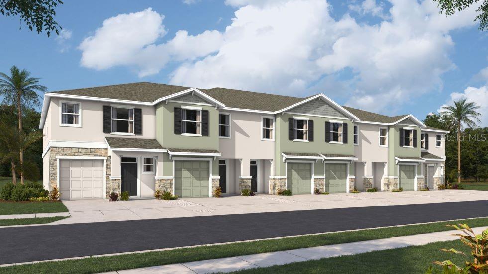This is a rendering of a multi-unit townhouse complex with garages and light-colored siding — 32537 MIDSUMMER NIGHT LANE, WESLEY CHAPEL, FL