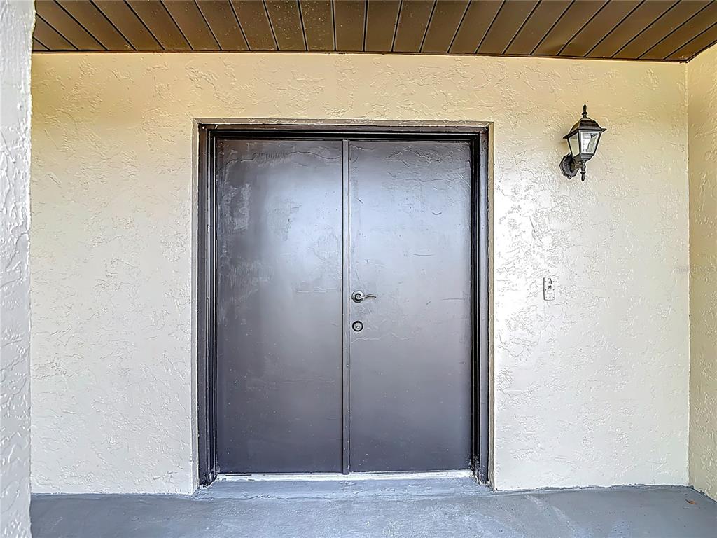 A pair of dark double doors sits centered on a beige stucco exterior wall — 4012 BRAESGATE LANE, TAMPA, FL