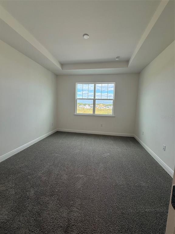 An empty bedroom features gray carpeting, white walls, and a tray ceiling with recessed lighting — 4870 PRAIRIE PRESERVE RUN NW, ST CLOUD, FL