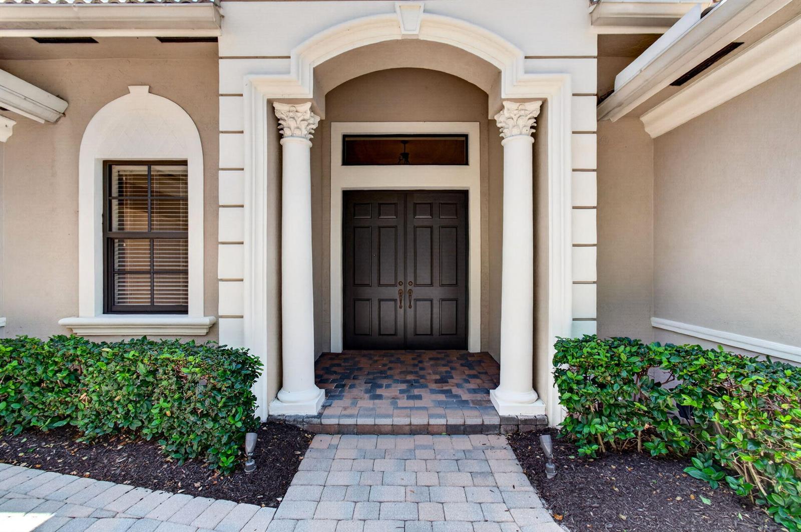 A front entrance features double doors, two white columns, and a paved walkway — 16266 Rosecroft Terrace, Delray Beach FL 33446, DELRAY BEACH, FL