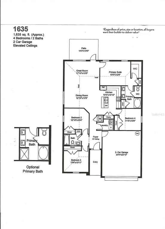 This floor plan shows a four-bedroom, two-bathroom home with an attached two-car garage — 12539 NE 48TH TERRACE, OXFORD, FL