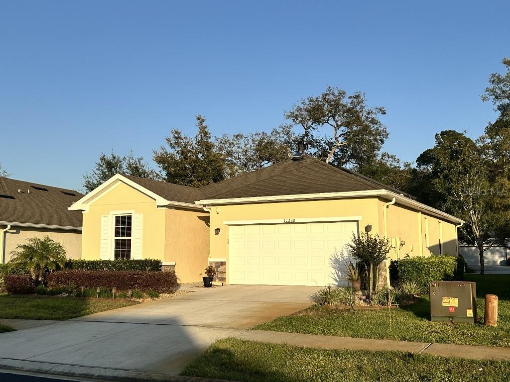 A single-story house with a yellow stucco exterior, a two-car garage, and a concrete driveway — 11248 MOLLYMAWK COURT, NEW PORT RICHEY, FL