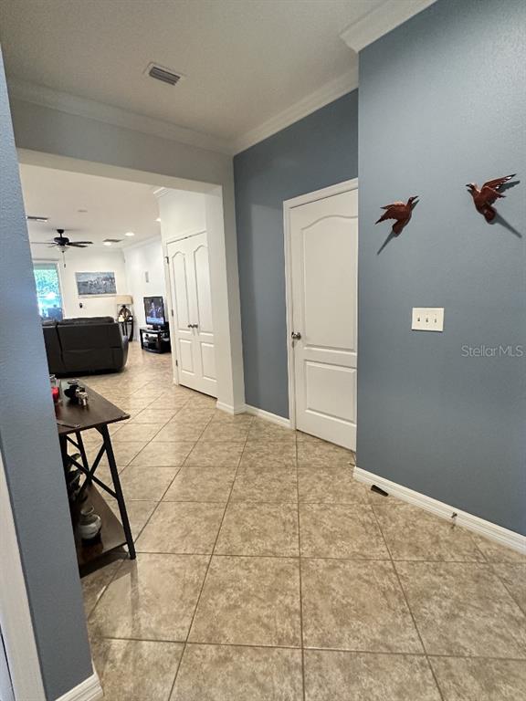 A tiled hallway leads to a living room with a white door and blue walls — 11248 MOLLYMAWK COURT, NEW PORT RICHEY, FL