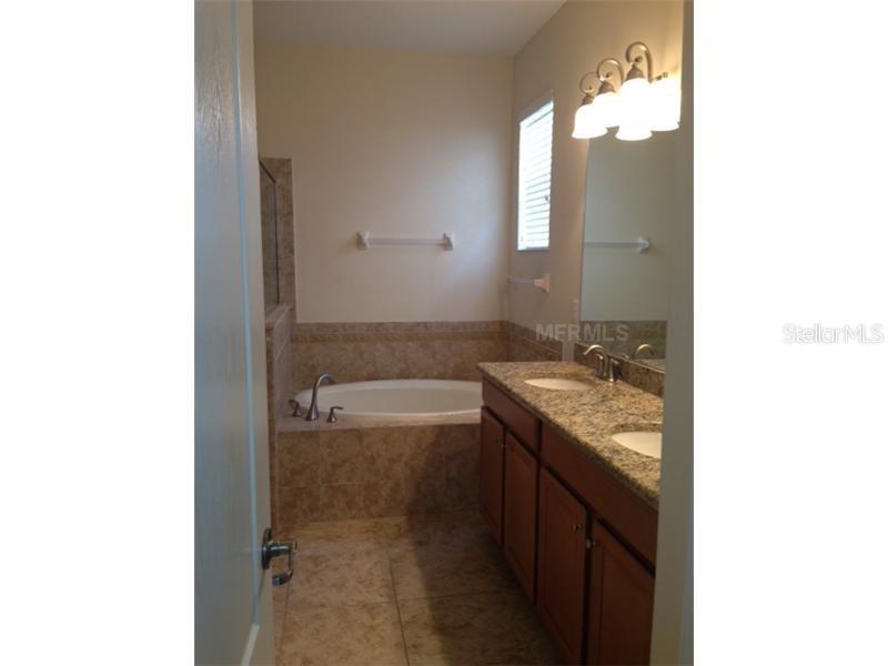 A bathroom features a tiled soaking tub, a double vanity with granite countertops, and lighting — 14010 HOLLOW LEAF PLACE, RIVERVIEW, FL