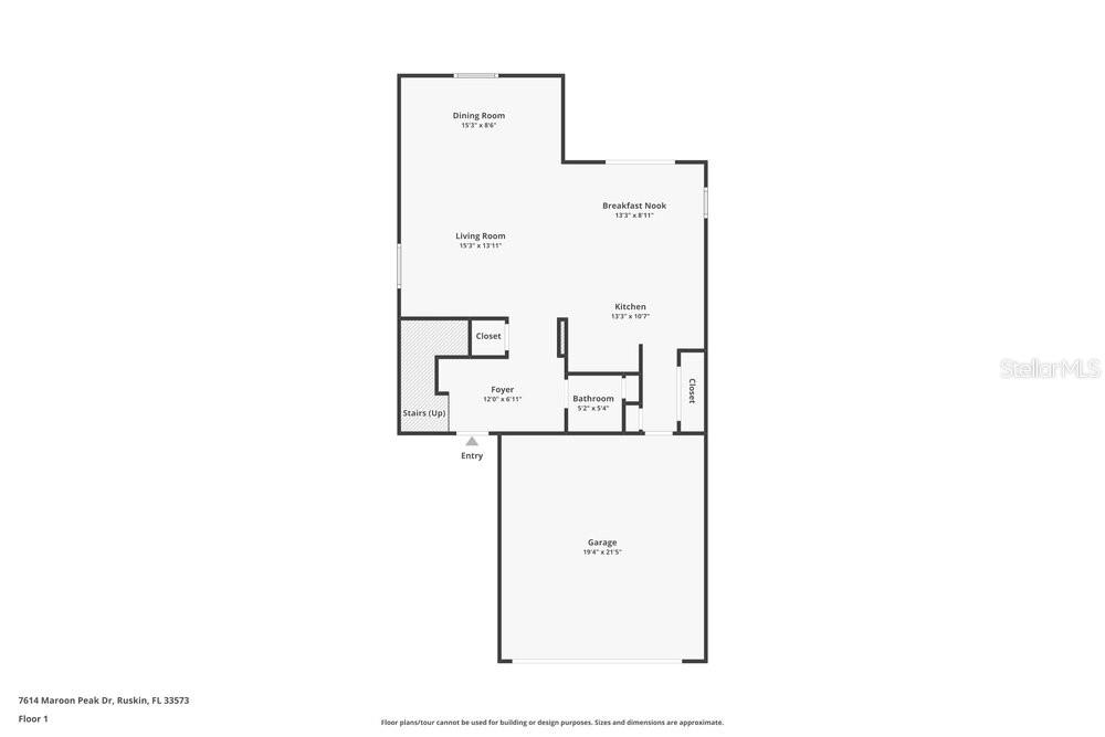 This is a floor plan of a single-story home featuring a garage, kitchen, and living areas — 7614 MAROON PEAK DRIVE, RUSKIN, FL