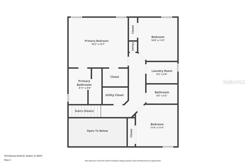 This is a floor plan of a second-story residential layout featuring three bedrooms and two bathrooms — 7614 MAROON PEAK DRIVE, RUSKIN, FL