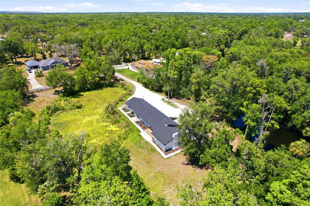 An aerial view shows a long house with a dark roof surrounded by dense trees — 8315 REVELS ROAD, RIVERVIEW, FL