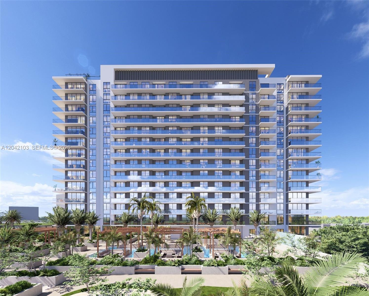 This is a digital rendering of a modern multi-story residential building with a pool deck — 401 N Federal Highway # 914, Miami FL 33020, MIAMI, FL