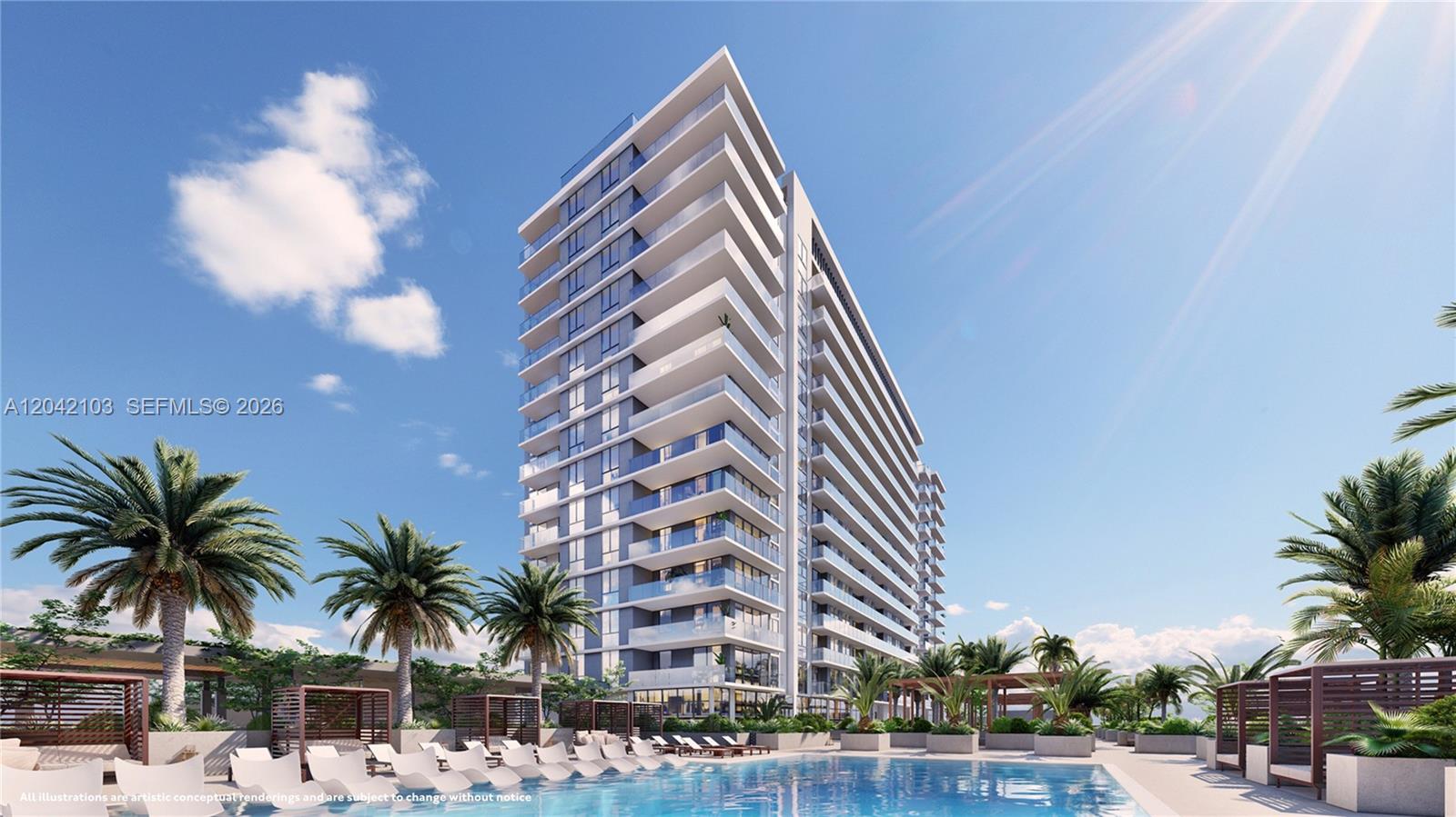 This is a digital rendering of a modern high-rise apartment building with a swimming pool — 401 N Federal Highway # 914, Miami FL 33020, MIAMI, FL