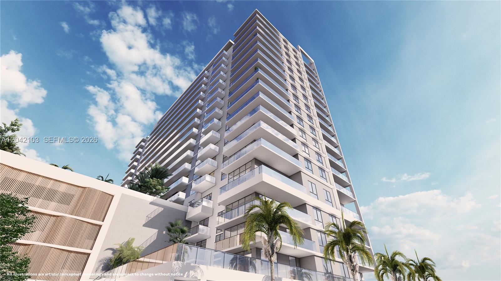 This is a digital rendering of a modern high-rise residential building with glass balconies — 401 N Federal Highway # 914, Miami FL 33020, MIAMI, FL