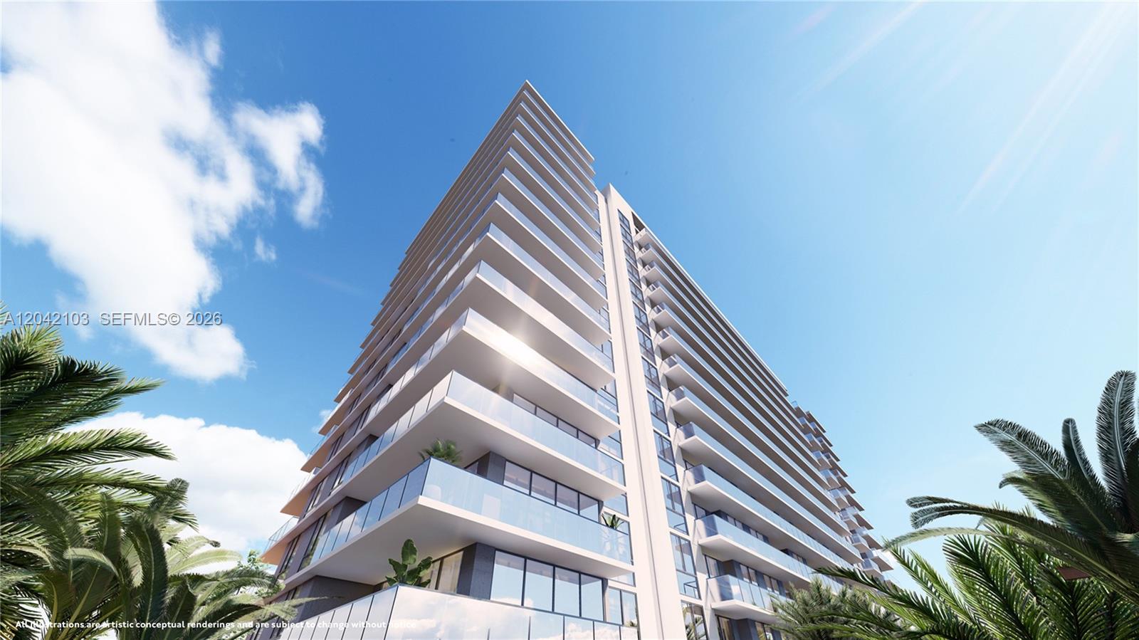 This is a digital rendering of a modern high-rise residential building with glass balconies — 401 N Federal Highway # 914, Miami FL 33020, MIAMI, FL