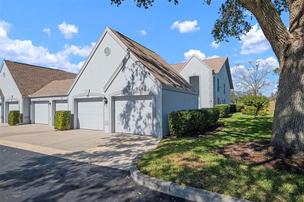 A light-colored building with multiple garage doors and a large tree in the foreground — 6609 STONE RIVER ROAD UNIT 206, BRADENTON, FL