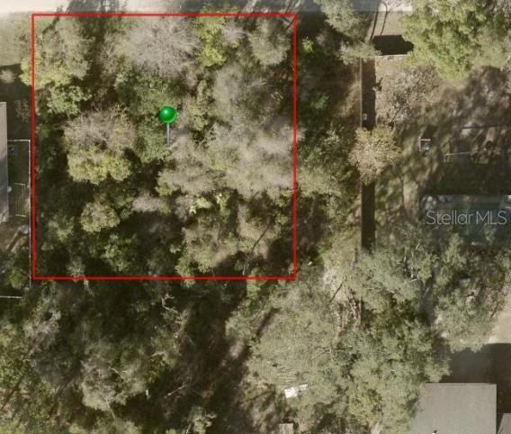 An aerial view shows a rectangular, tree-covered vacant lot outlined in red — 1424 10TH STREET, ORANGE CITY, FL