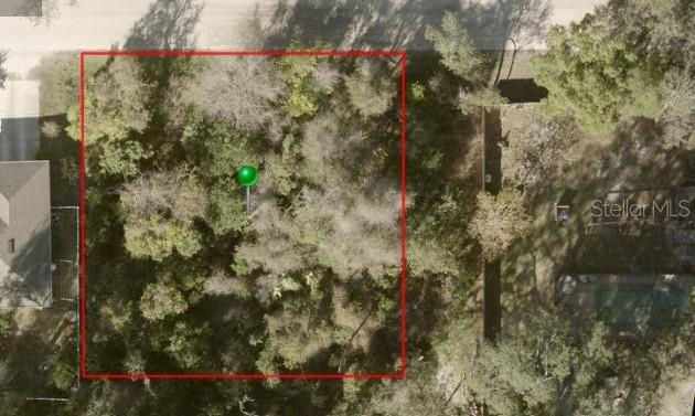 An aerial view shows a rectangular, tree-covered vacant lot outlined in red — 1424 10TH STREET, ORANGE CITY, FL