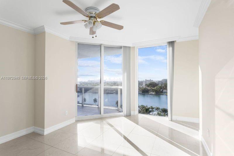 This AI-generated rendering shows a balcony overlooking a waterway, boats, and a city skyline — 4775 Collins Ave # 1006, Miami Beach FL 33140, MIAMI BEACH, FL