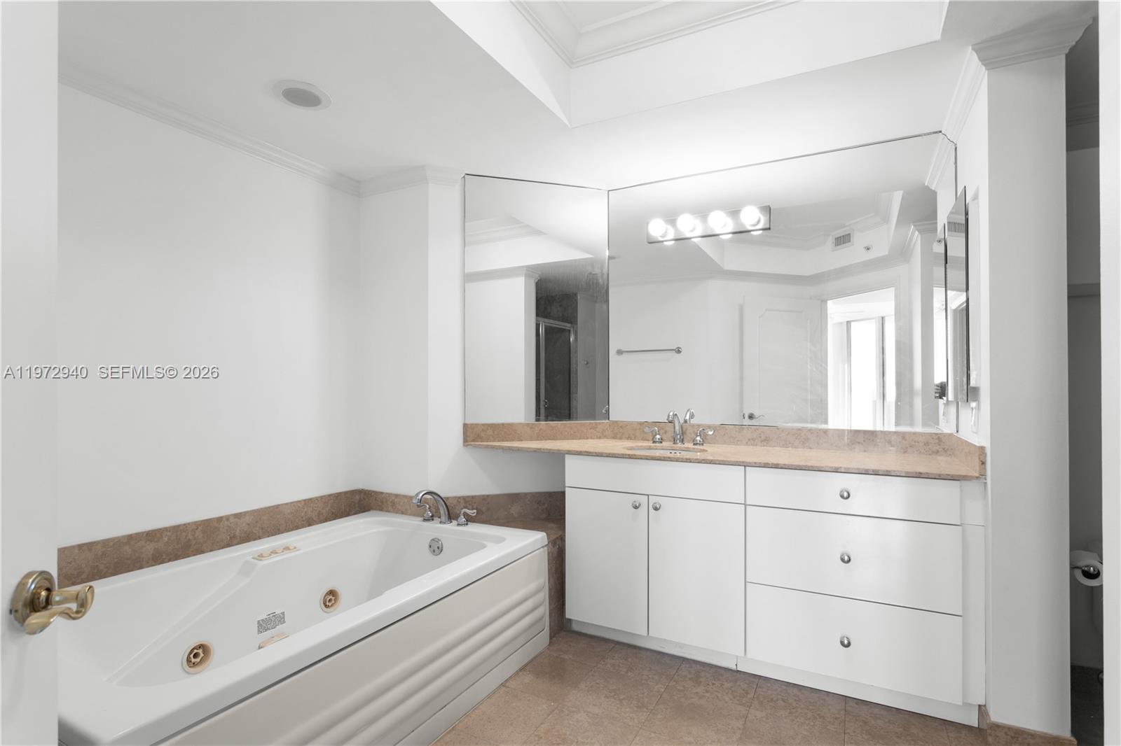 This AI-generated image shows an empty room with tile floors, a ceiling fan, and floor-to-ceiling windows — 4775 Collins Ave # 1006, Miami Beach FL 33140, MIAMI BEACH, FL