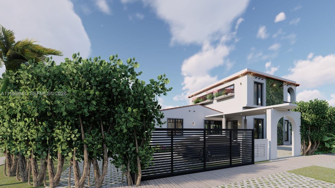 This is a digital rendering of a modern two-story house with a gated driveway — 402 SE 3rd St, Dania Beach FL 33004, DANIA BEACH, FL