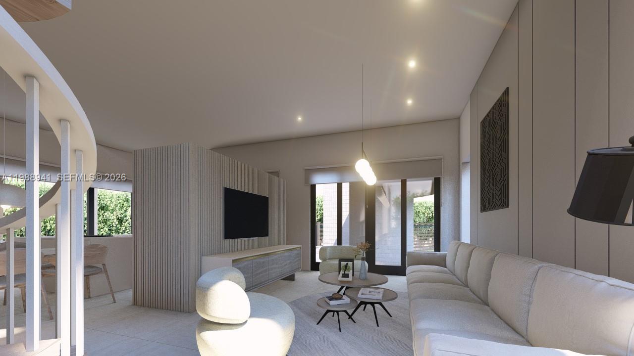 This is a rendering of a modern living room featuring a spiral staircase and television — 402 SE 3rd St, Dania Beach FL 33004, DANIA BEACH, FL