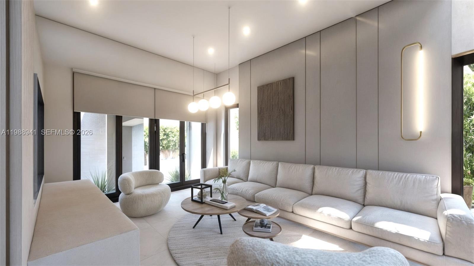 This rendering shows a modern living room with a large sectional sofa and neutral decor — 402 SE 3rd St, Dania Beach FL 33004, DANIA BEACH, FL