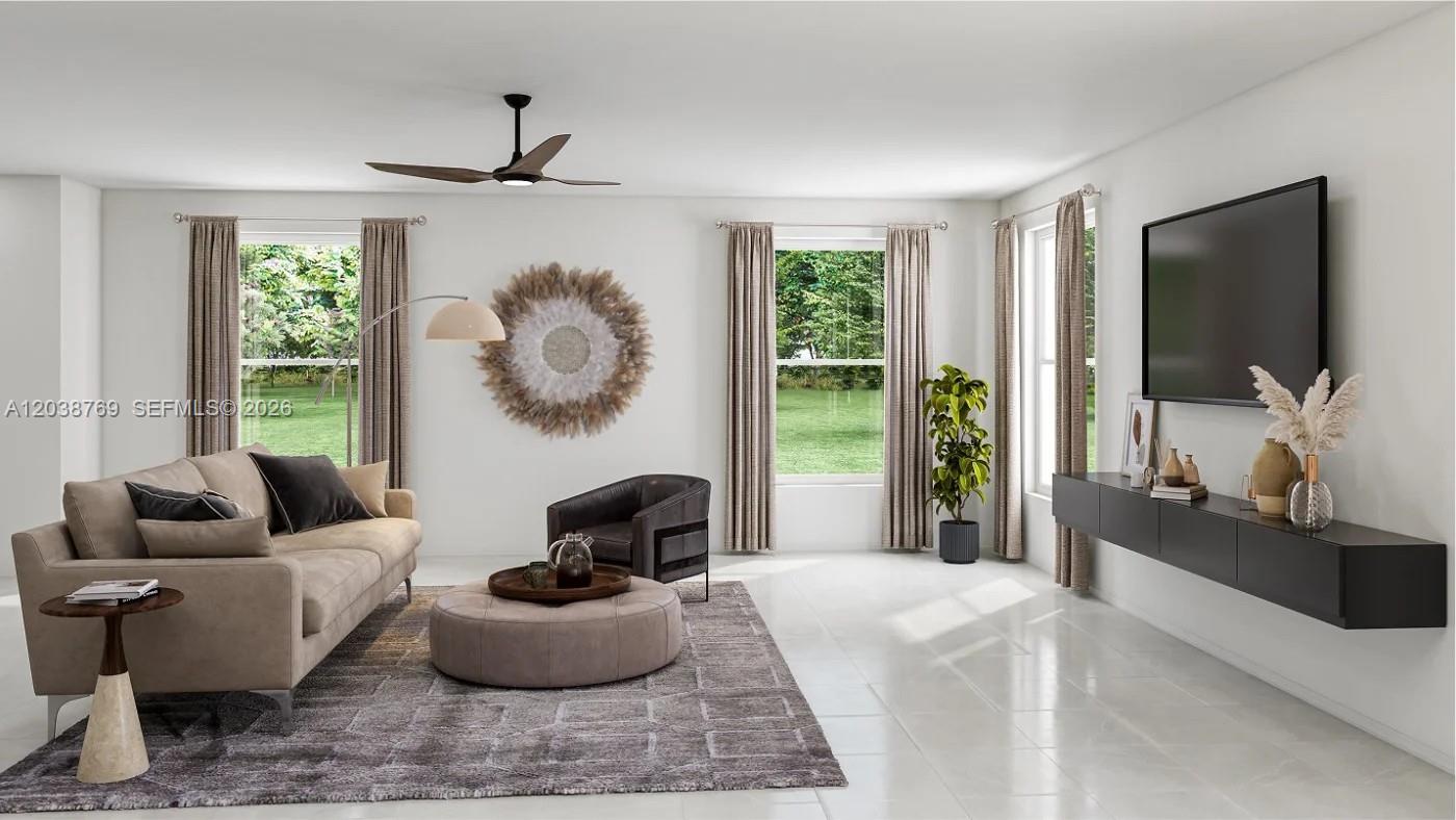 This is a digital rendering of a modern living room with a floating media console — 12480 SW 248th ST # 2, Miami FL 33032, MIAMI, FL