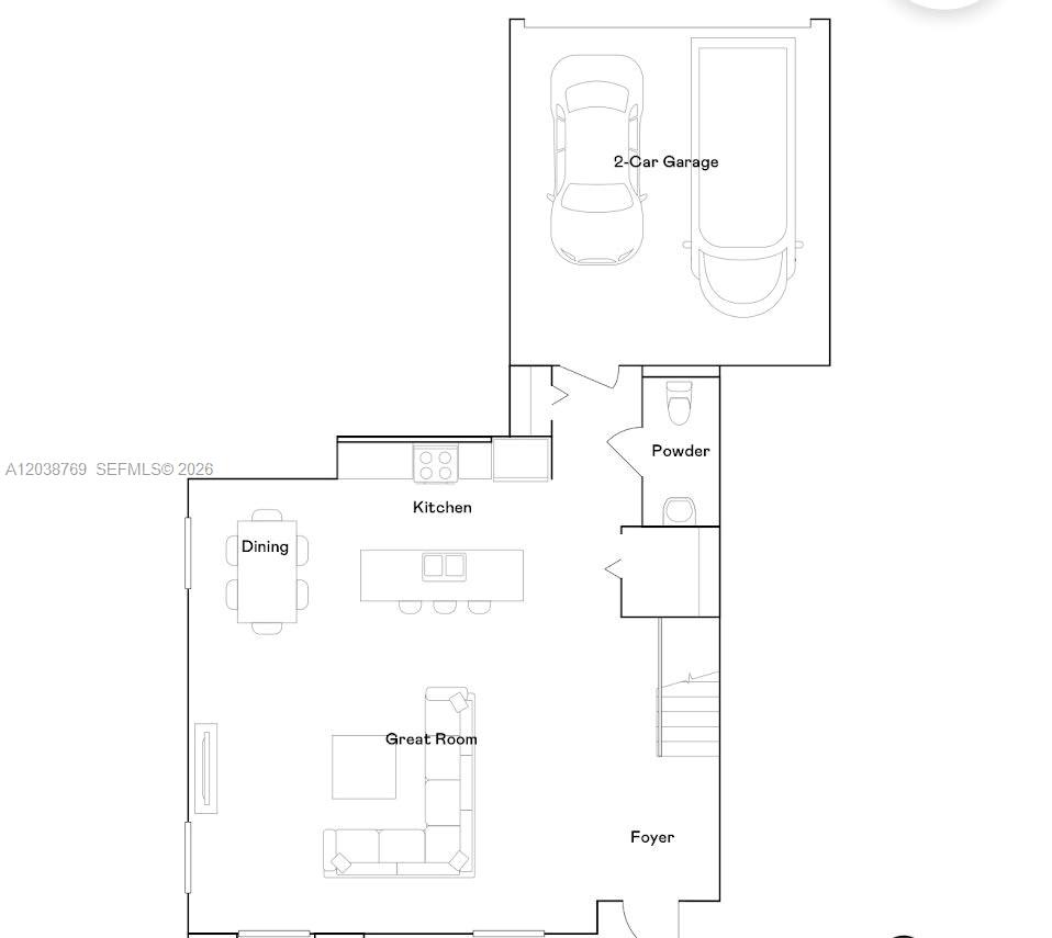This is a floor plan of a home's main level featuring a garage and open-concept living — 12480 SW 248th ST # 2, Miami FL 33032, MIAMI, FL
