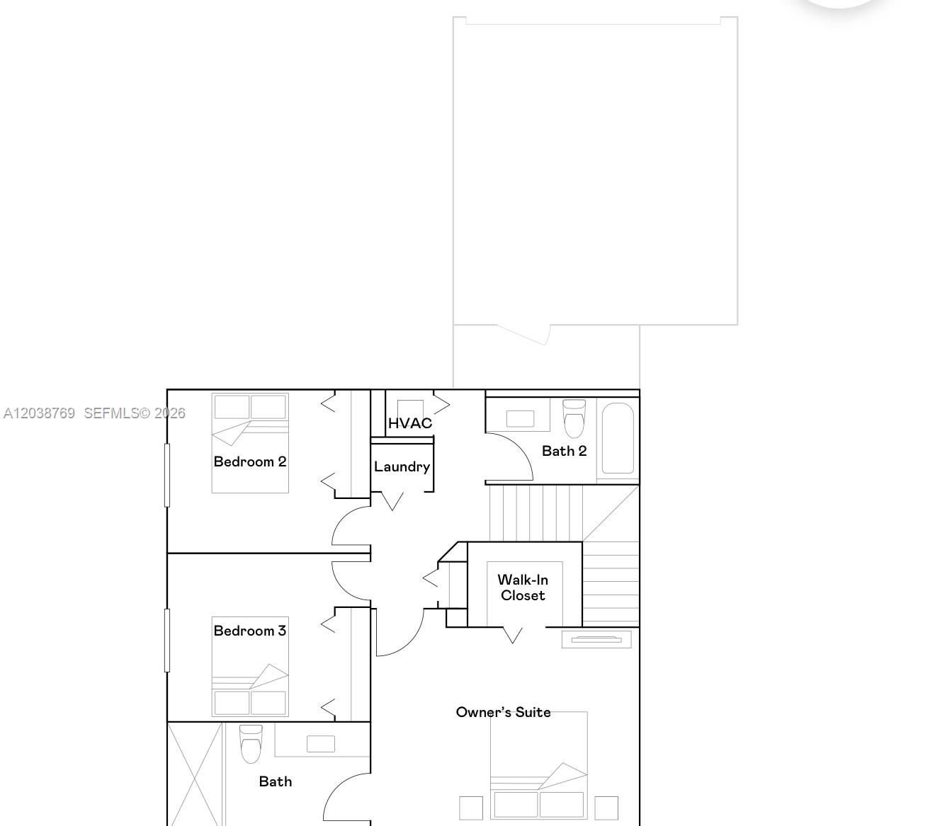 This is a floor plan of a residential upper level featuring three bedrooms and two bathrooms — 12480 SW 248th ST # 2, Miami FL 33032, MIAMI, FL