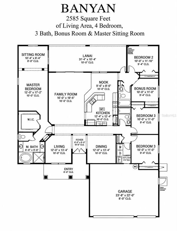 This is a floor plan for a 2,585-square-foot house with four bedrooms and three bathrooms — 2866 DUNCAN TREE CIRCLE, VALRICO, FL