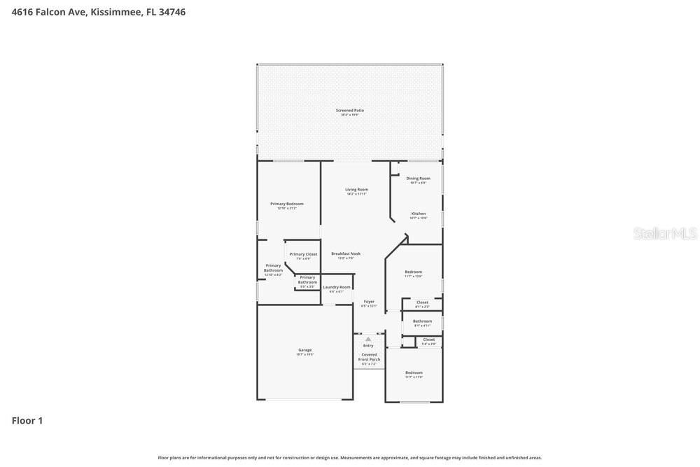 This is a floor plan for a single-story house with a garage and screened patio — 4616 FALCON AVENUE, KISSIMMEE, FL
