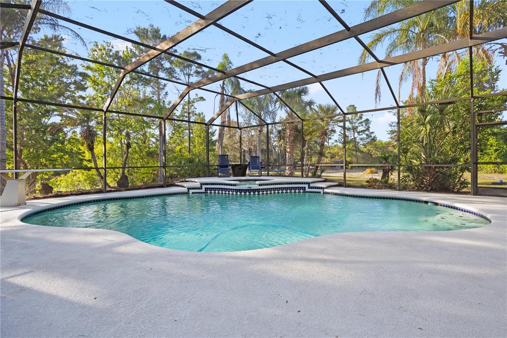 A swimming pool with an attached spa is enclosed within a screened-in patio area — 1140 GALLANT FOX WAY, CHULUOTA, FL