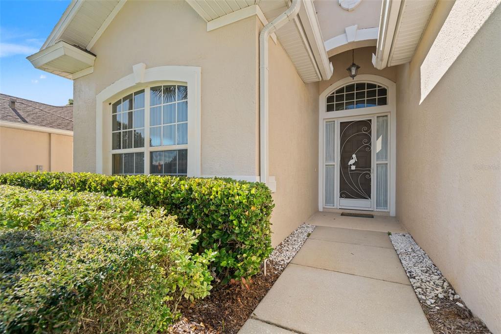 A concrete walkway leads to the front entrance of a beige house with a pelican-themed door — 10199 HOLLY BERRY DRIVE, WEEKI WACHEE, FL