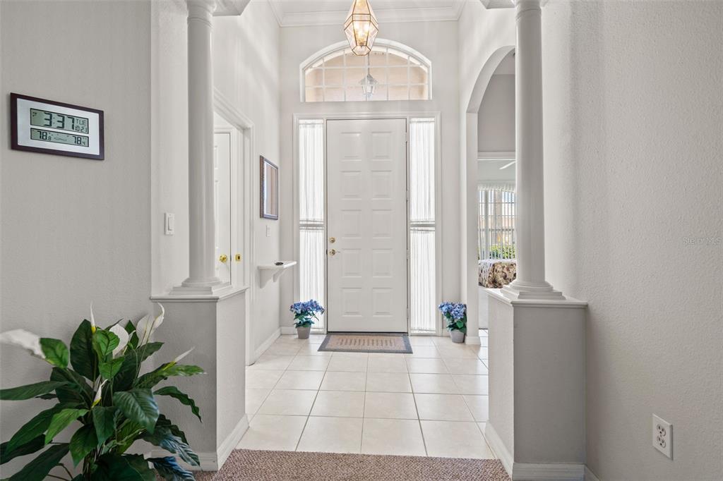 A bright entryway features white columns, tile flooring, and a front door with sidelights — 10199 HOLLY BERRY DRIVE, WEEKI WACHEE, FL