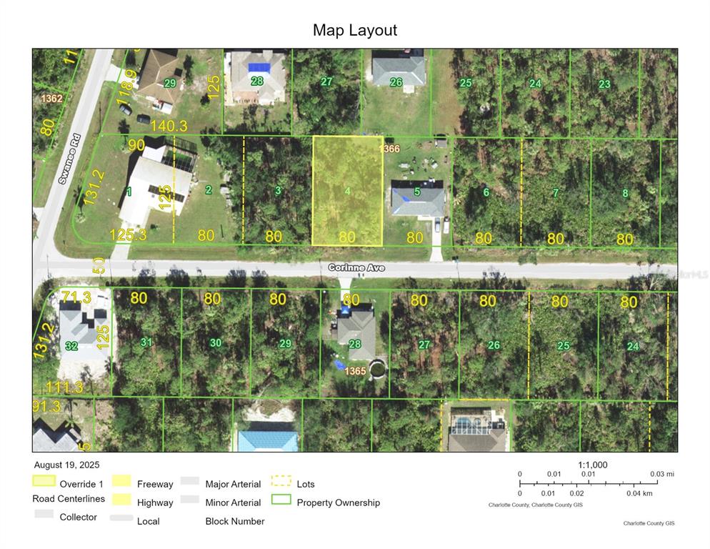 This is a map layout showing property lot lines and parcel numbers along Corinne Ave — 23376 CORINNE AVENUE, PORT CHARLOTTE, FL