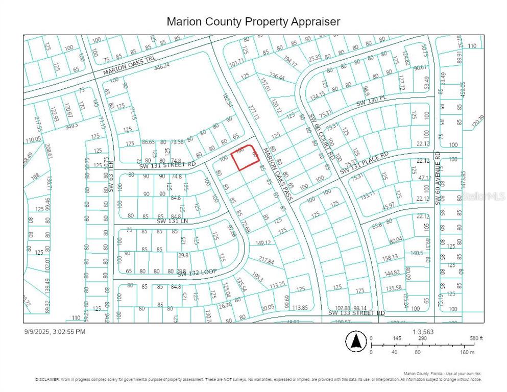This is a property tax map showing parcel boundaries and dimensions in Marion County — 0 SW MARION OAKS PASS, OCALA, FL