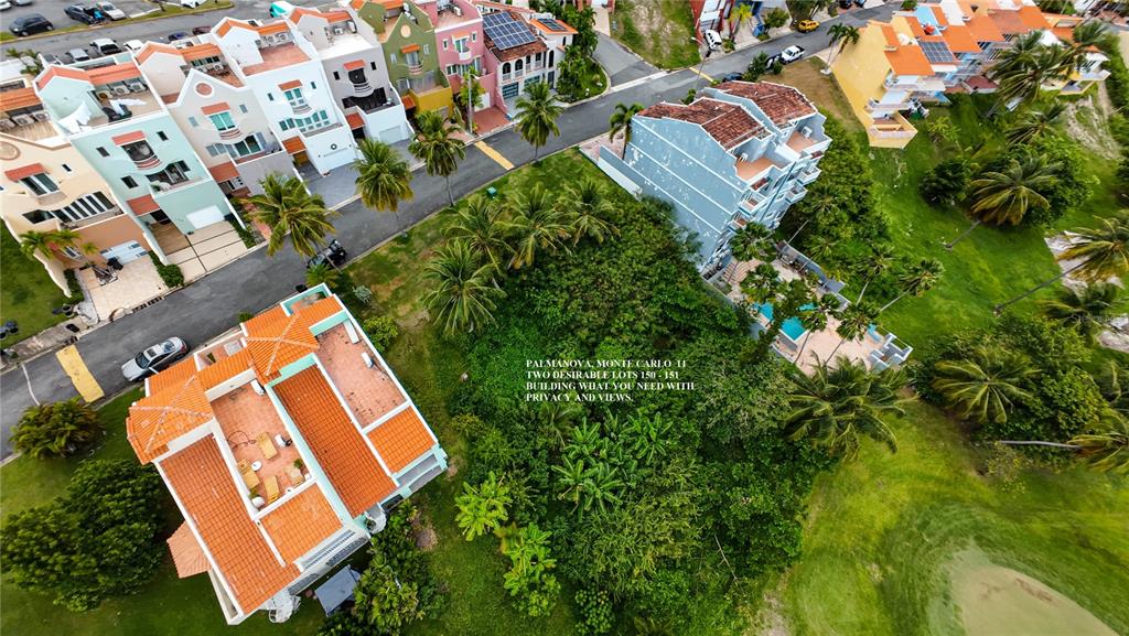 An aerial view shows a vacant, tree-covered lot situated between several residential buildings and palm trees — MonteSol 11 PALMANOVA UNIT 150 - 151, HUMACAO, PR