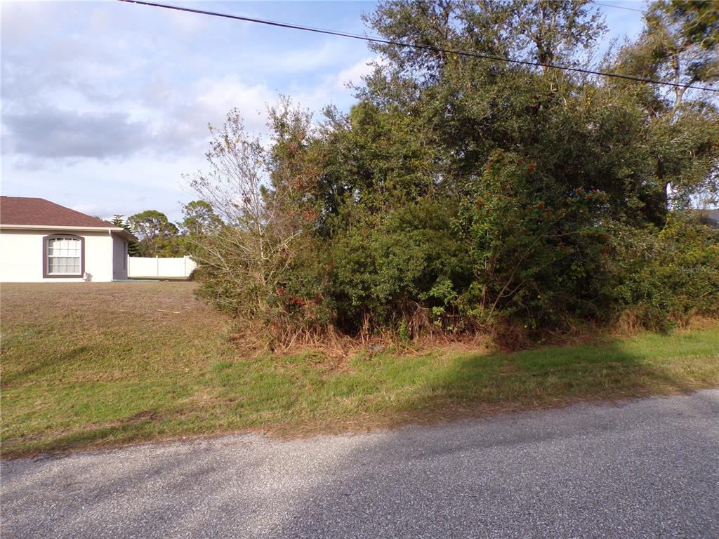 A vacant, overgrown lot sits next to a residential house along a paved road — MEROLLA ROAD, NORTH PORT, FL