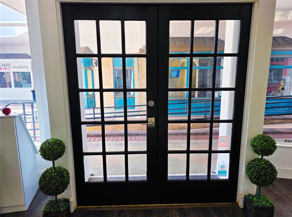 A set of black French doors with glass panes stands between two small topiary trees — 7600 DR. PHILLIPS BOULEVARD UNIT 53, ORLANDO, FL