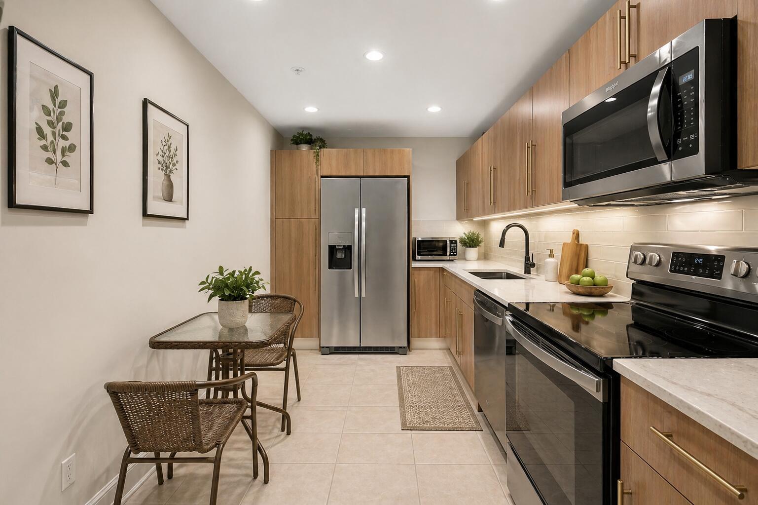 A galley kitchen features light wood cabinets, stainless steel appliances, and a small glass dining table — 3000 S Ocean Drive # 714, Hollywood FL 33019, HOLLYWOOD, FL