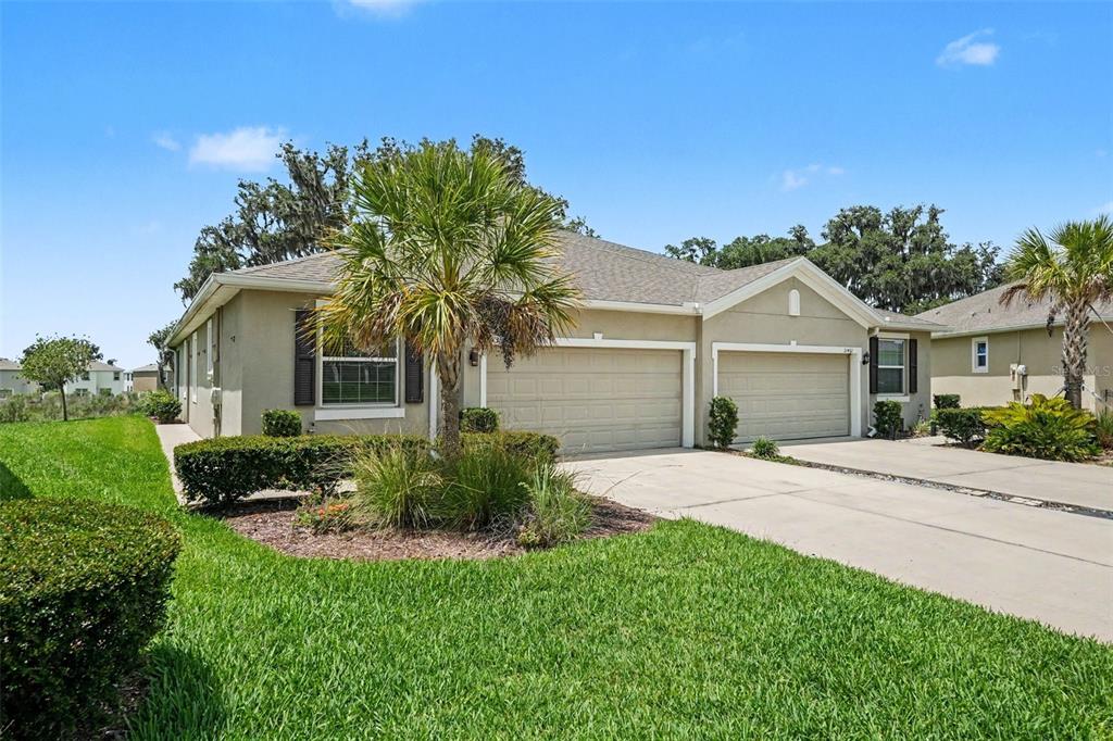 A tan, single-story duplex with two garage doors and a palm tree in the front yard — 31457 MANGO FADE WAY, SAN ANTONIO, FL