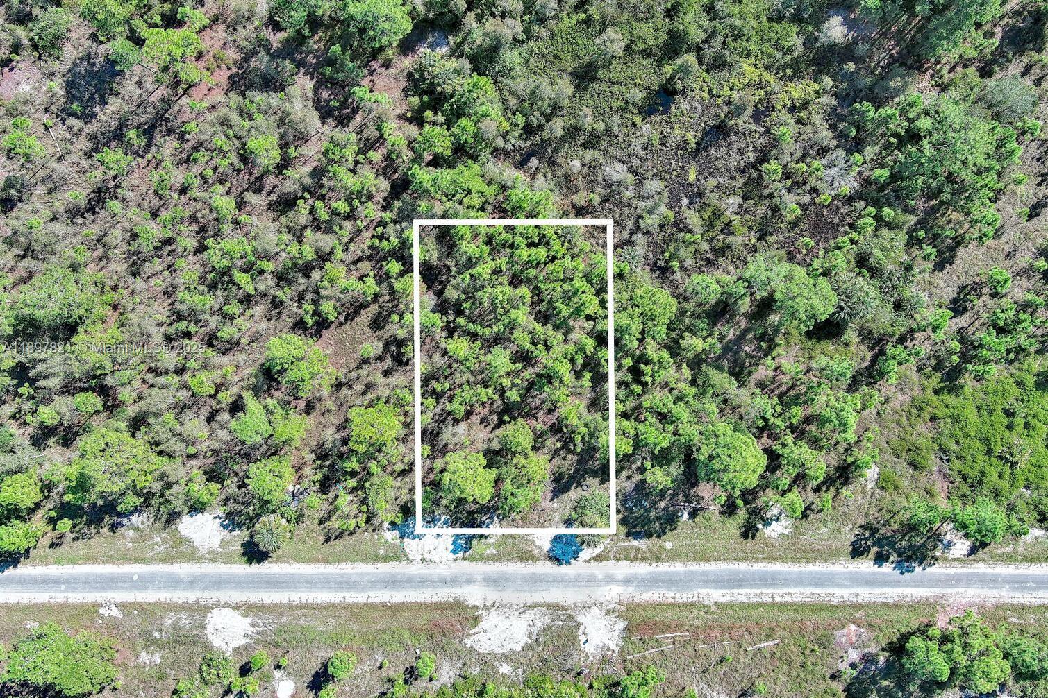 An aerial view shows a rectangular plot of land outlined in white beside a road — 839 KALEY AVE S, Lehigh Acres FL 33974, LEHIGH ACRES, FL
