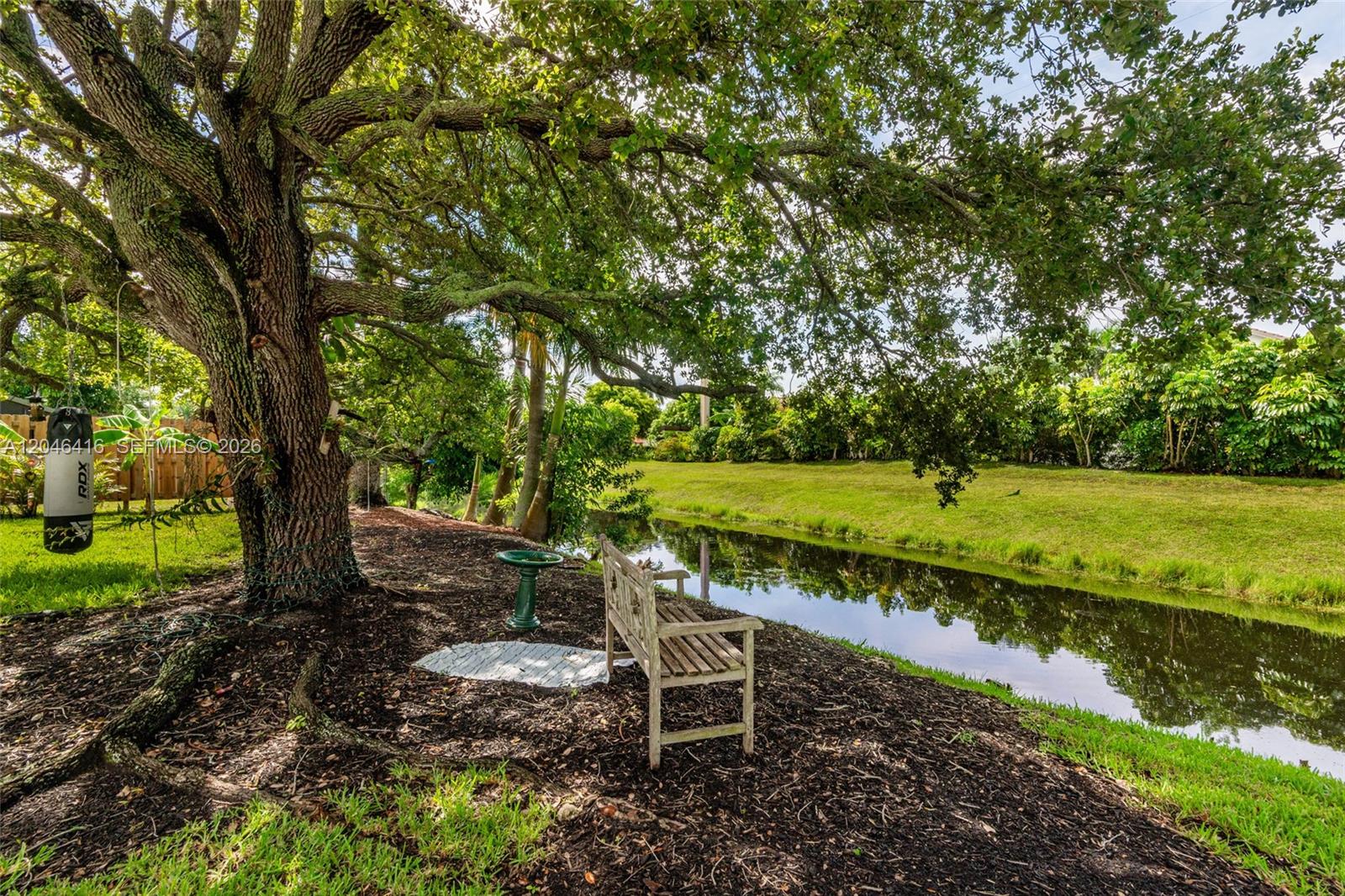 A wooden bench sits under a large tree beside a canal in a grassy yard — 16736 SW 5th Way, Weston FL 33326, WESTON, FL