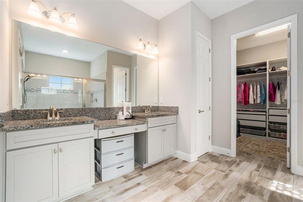 A bathroom with a double vanity, granite countertops, light gray cabinets, and an attached walk-in closet — 21698 AMELIA ROSE WAY WAY, LAND O LAKES, FL