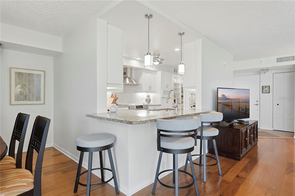 A kitchen with granite countertops and bar stools overlooks a dining and living area — 5729 PUERTA DEL SOL BOULEVARD S UNIT 181, ST PETERSBURG, FL