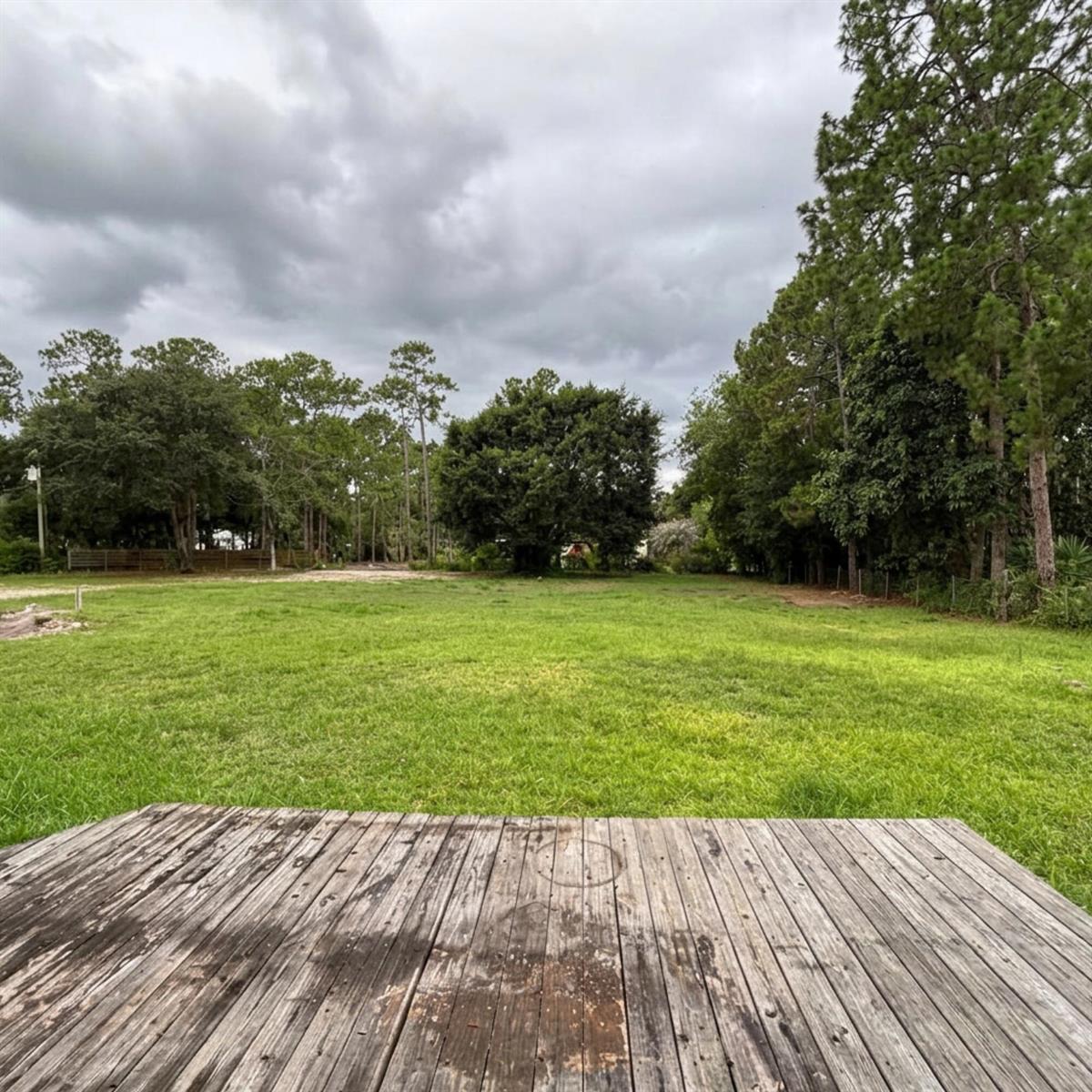 A weathered wooden deck overlooks a large, grassy backyard surrounded by mature trees — 11656 N 154th Rd Road N, FL 33478, FL