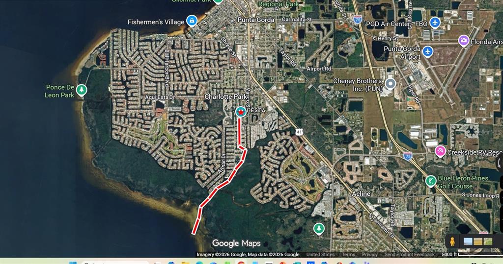 This map shows a red line indicating a property location in Punta Gorda, Florida — 3601 WISTERIA PLACE, PUNTA GORDA, FL