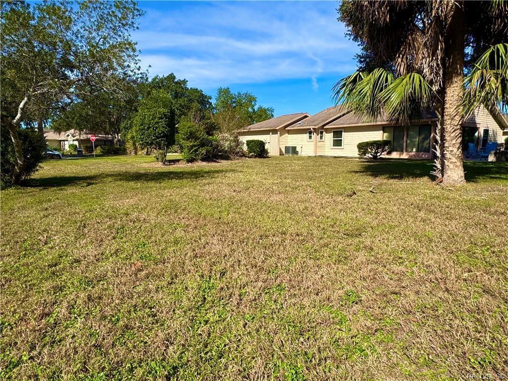 A grassy lot sits in front of a single-story tan house with a palm tree — 163 N GOLF HARBOR PATH, INVERNESS, FL