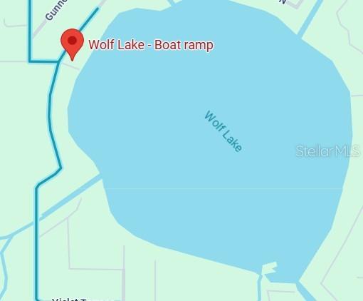 This map shows the location of the Wolf Lake boat ramp and surrounding water — 1302 LAKESIDE DRIVE S, SEBRING, FL