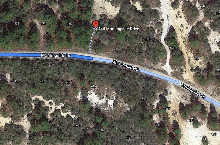 This is an aerial map showing a vacant lot location along a paved road — 444 MORNINGSIDE DRIVE, LAKE PLACID, FL