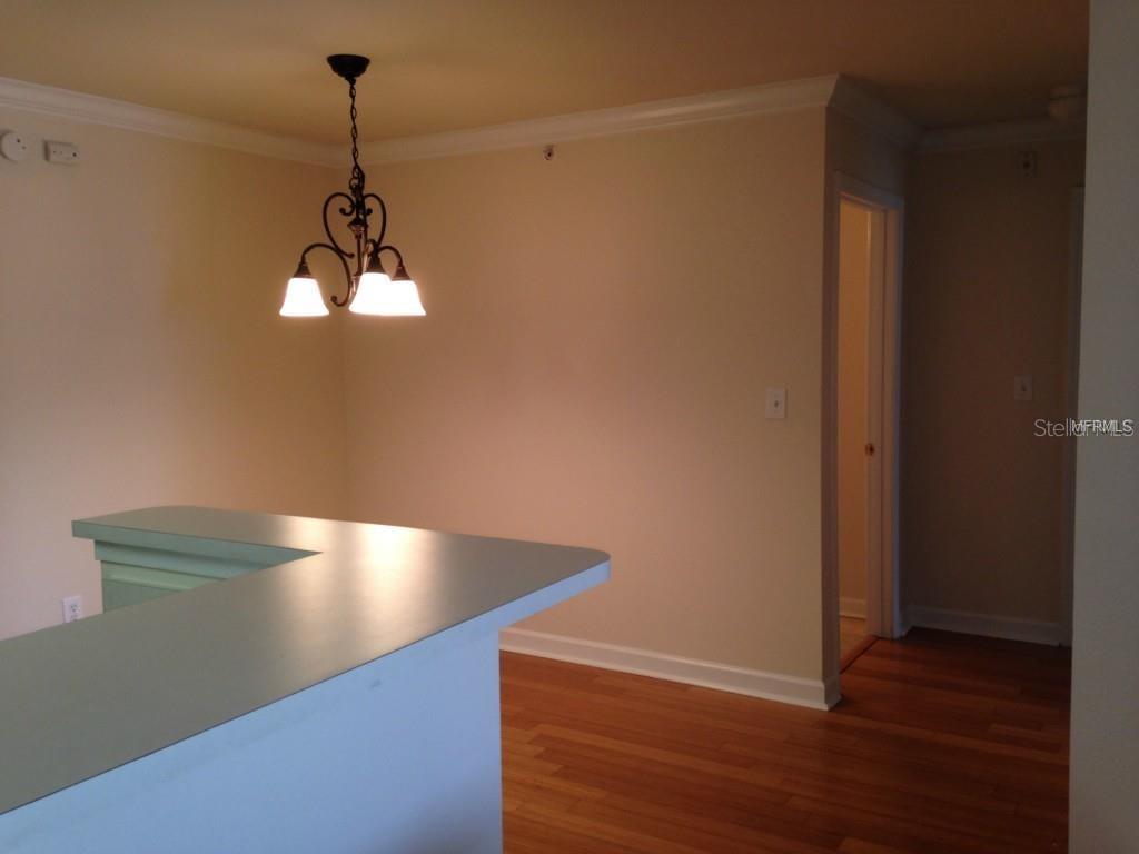 A dining area with a light fixture and breakfast bar overlooks a hallway with wood flooring — 18147 STERLING GATE CIRCLE UNIT 18147, TAMPA, FL