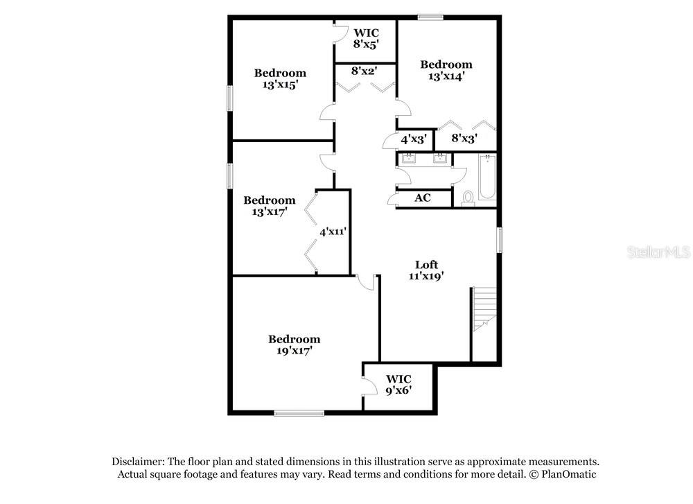 This is a floor plan showing the layout of a residential second floor with bedrooms — 17994 BLISSFUL STARS DRIVE, LUTZ, FL