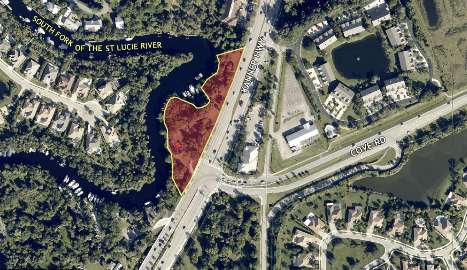 An aerial map shows a highlighted waterfront property parcel located at a highway intersection — 7290 S Kanner Highway, Stuart FL 34997, STUART, FL